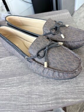 Michael Kors Brown Monogram Leather-Trim Moccasins